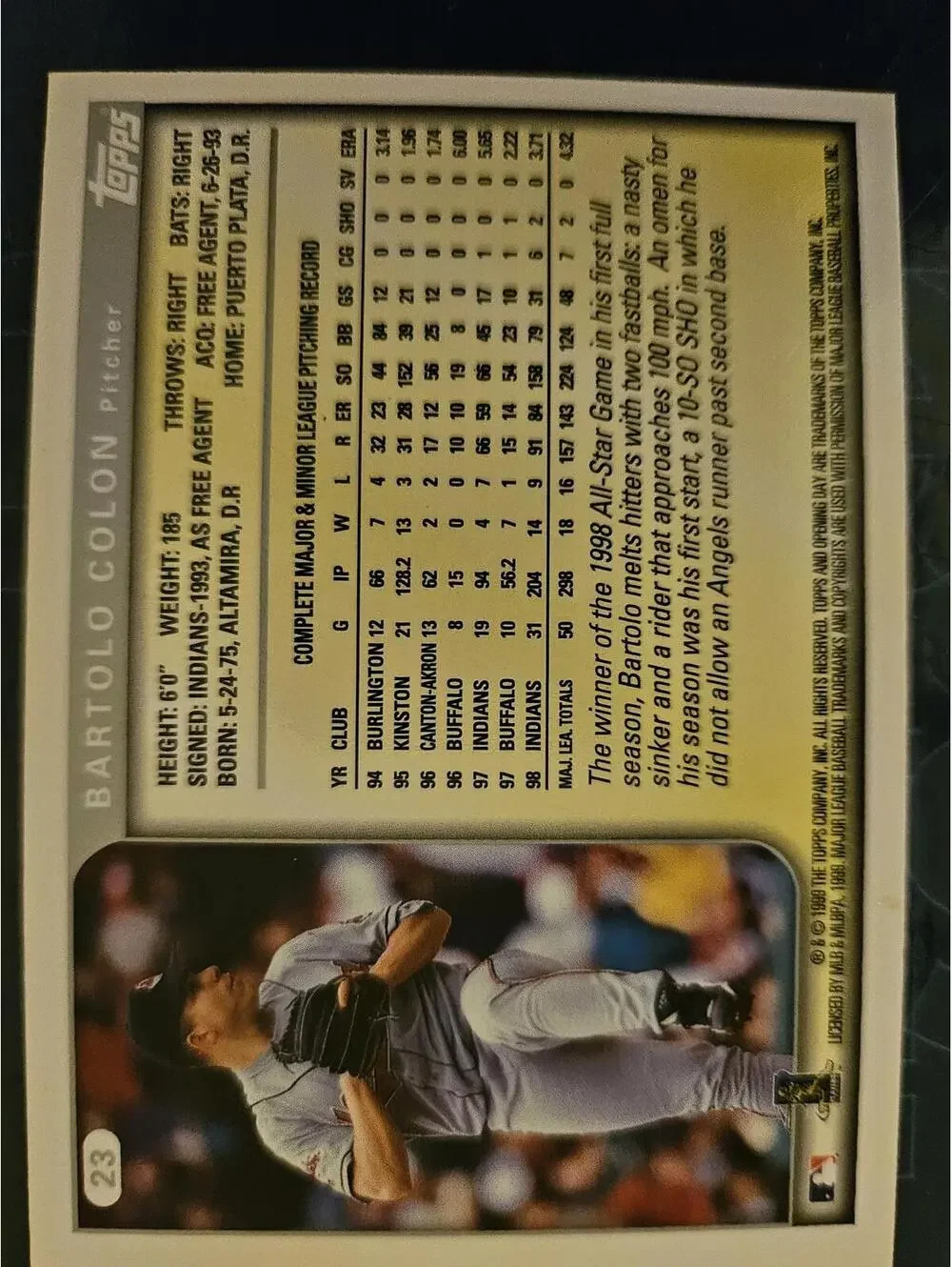 Bartolo Colon - 1999 Topps Opening Day #22 - indians - RAW mint - Picture 2 of 2